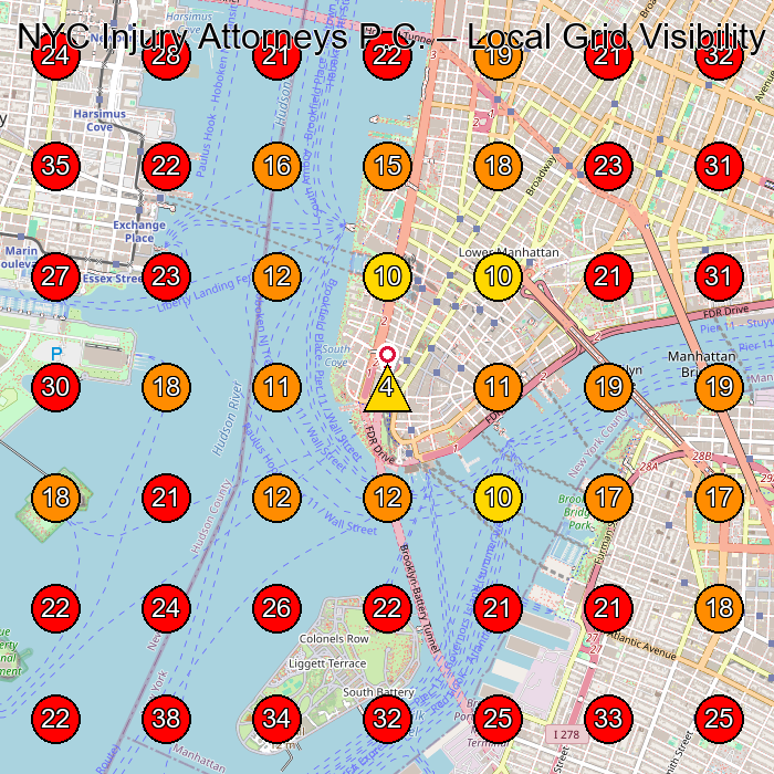 NYC Injury Attorneys P.C. GeoGrid visibility map for Personal Injury Attorney in New York